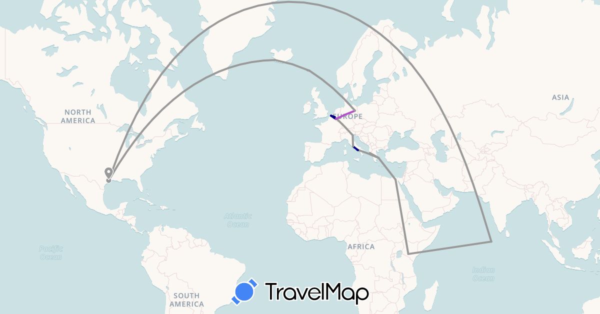 TravelMap itinerary: driving, plane, train in Belgium, Germany, Egypt, Faroe Islands, Greece, Iceland, Italy, Kenya, Maldives, United States (Africa, Asia, Europe, North America)